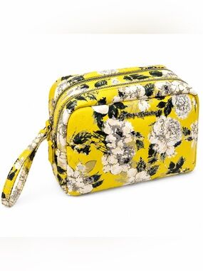 Betsey Johnson Yellow Floral Double Zip Cosmetic Bag Makeup Travel Case